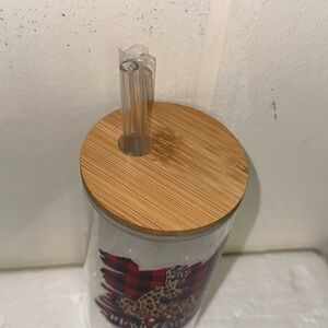 Bamboo Lid Glass Tumbler with Straw - Red Plaid Design